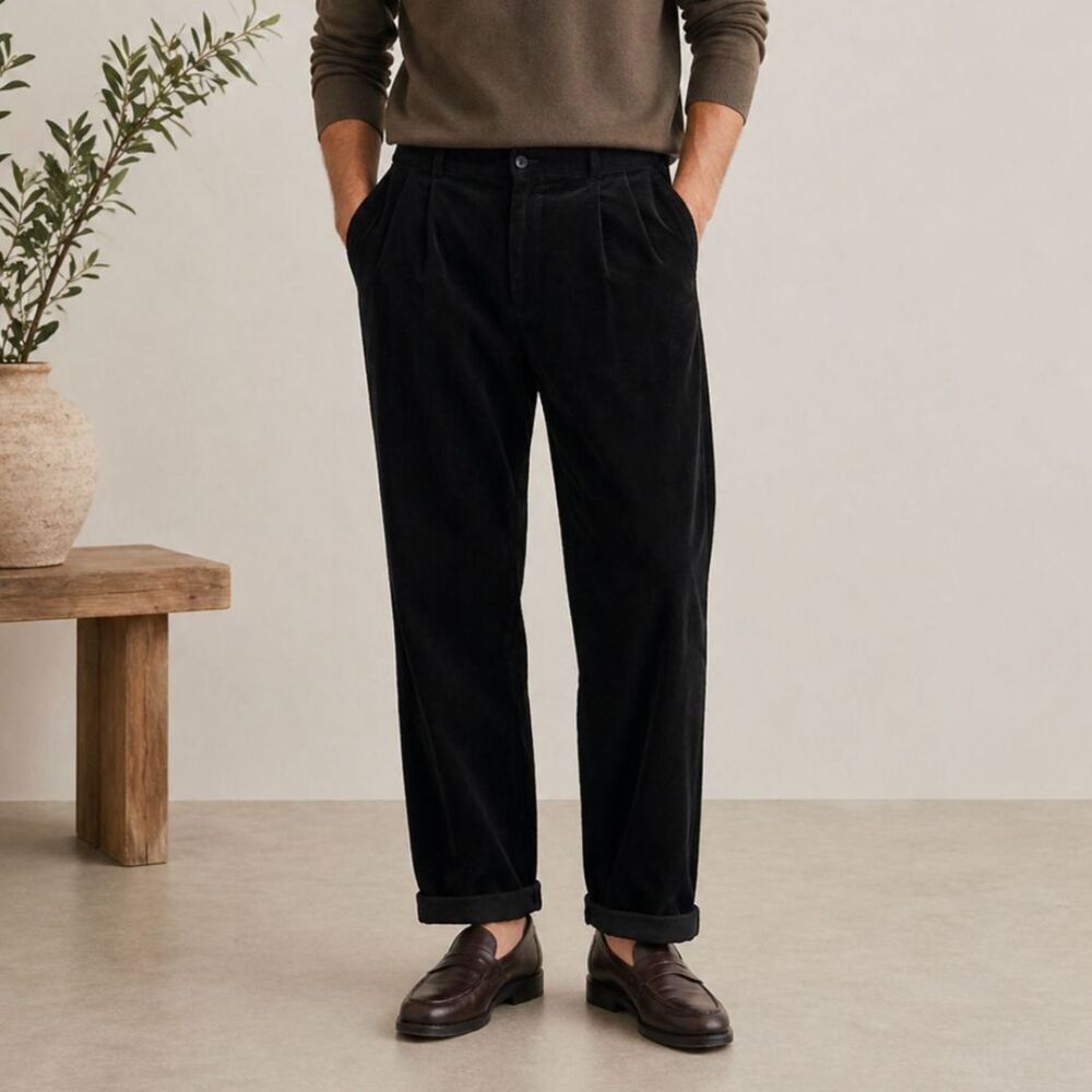 Haspel Cotton Corduroy Pleated Pants Mens 38x30 Cuffed Hem Black Office Career